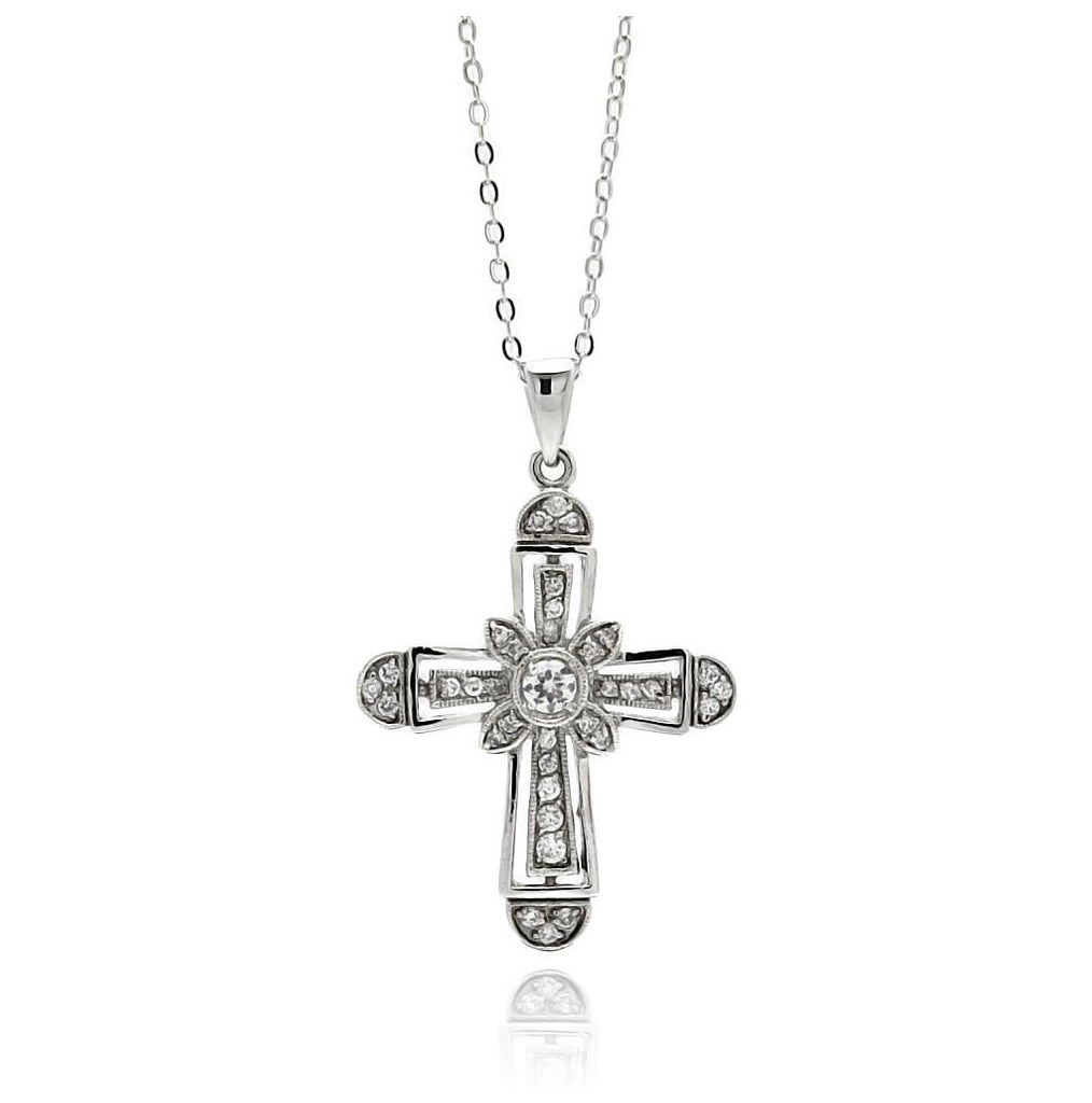 Rhodium Plated Brass Clear Cz Cross Pendant Necklace