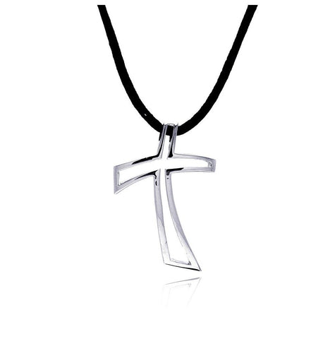 Rhodium Plated Brass Black Cord Cross Pendant Necklace