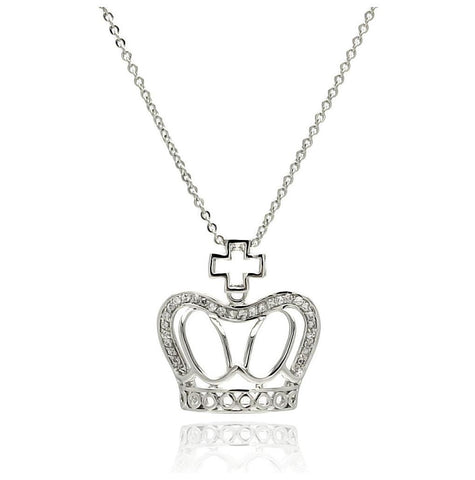 Rhodium Plated Brass Clear Cz Cross Bail Crown Pendant Necklace