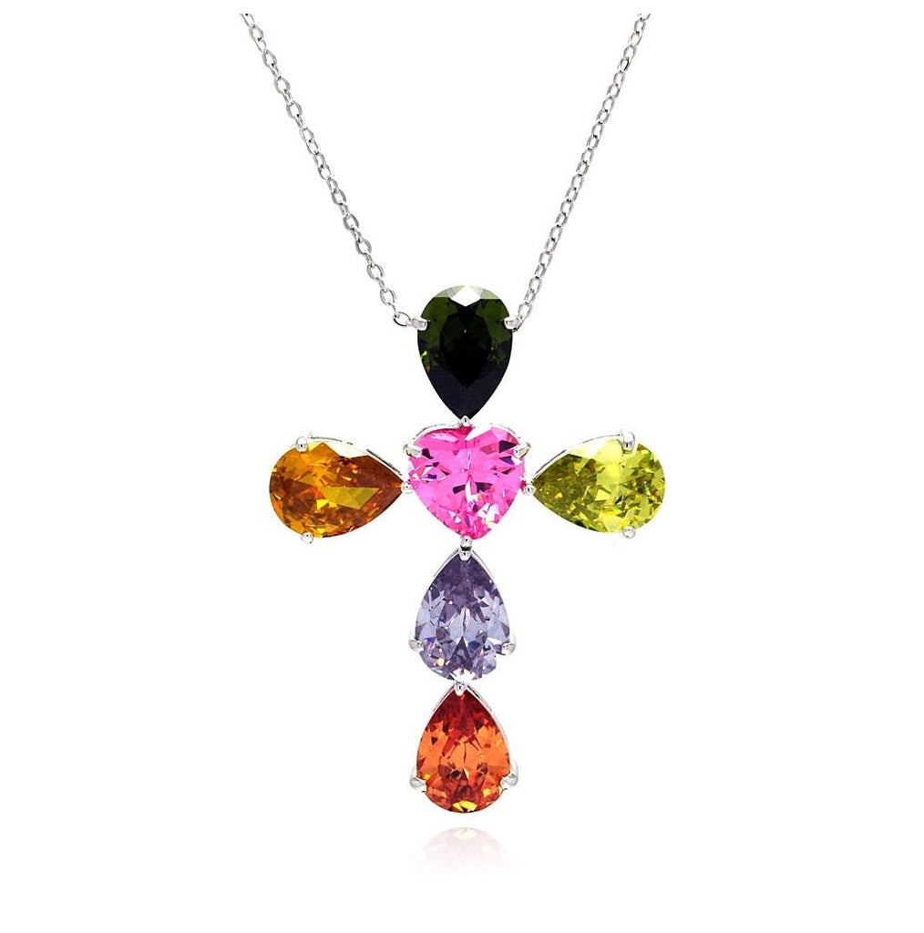 Rhodium Plated Brass Multi Color Cz Cross Pendant Necklace