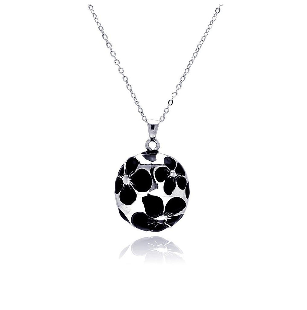 Rhodium Plated Brass Black White Enamel Flower Pendant Necklace