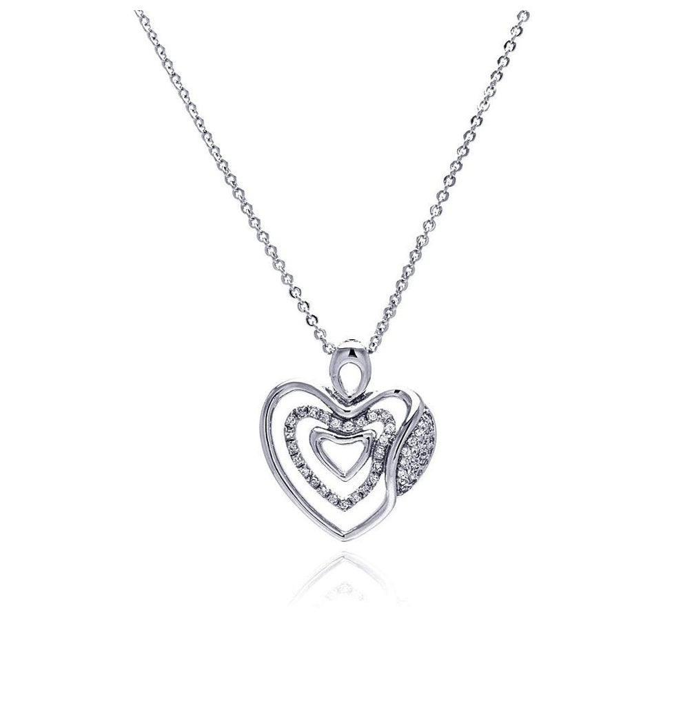 Rhodium Plated Brass Clear Cz Triple Hearts Pendant Necklace