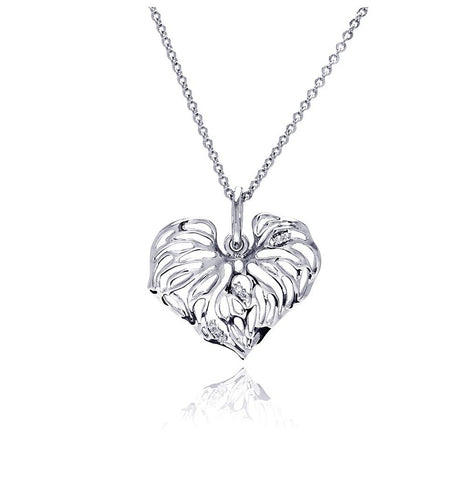 Rhodium Plated Brass Clear Cz Cutout Heart Pendant Necklace