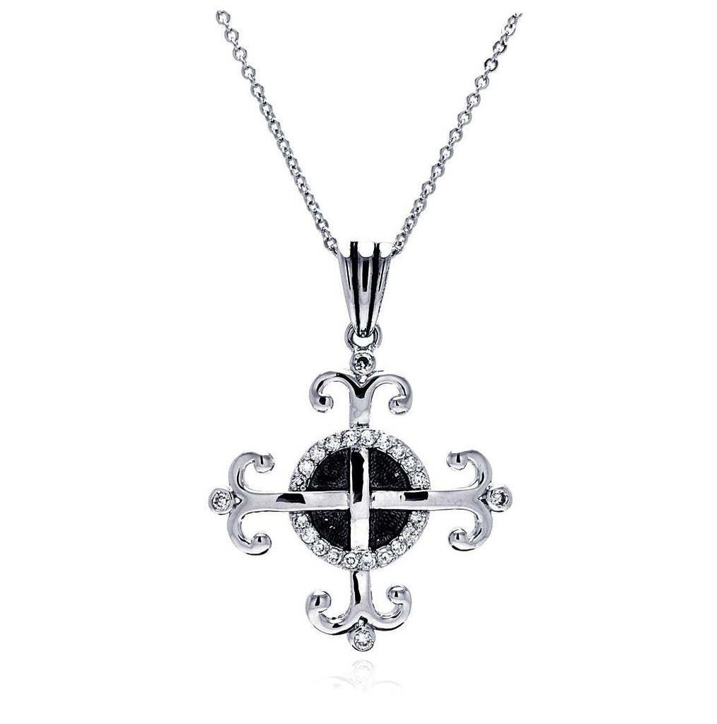 Rhodium Plated Brass Clear Cz Cross Pendant Necklace