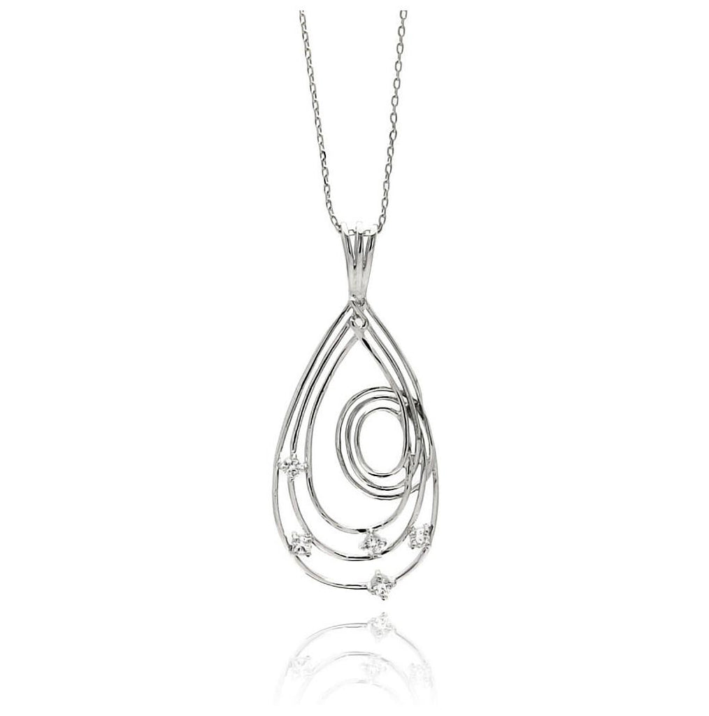 Rhodium Plated Brass Clear Cz Outline Teardrop Pendant Necklace