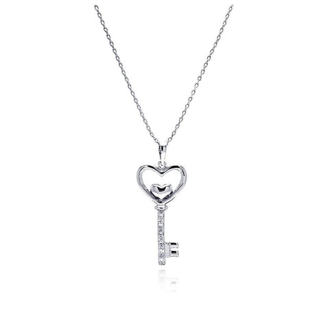 Gold Plated Brass Open Heart Key Clear Cz Pendant Necklace