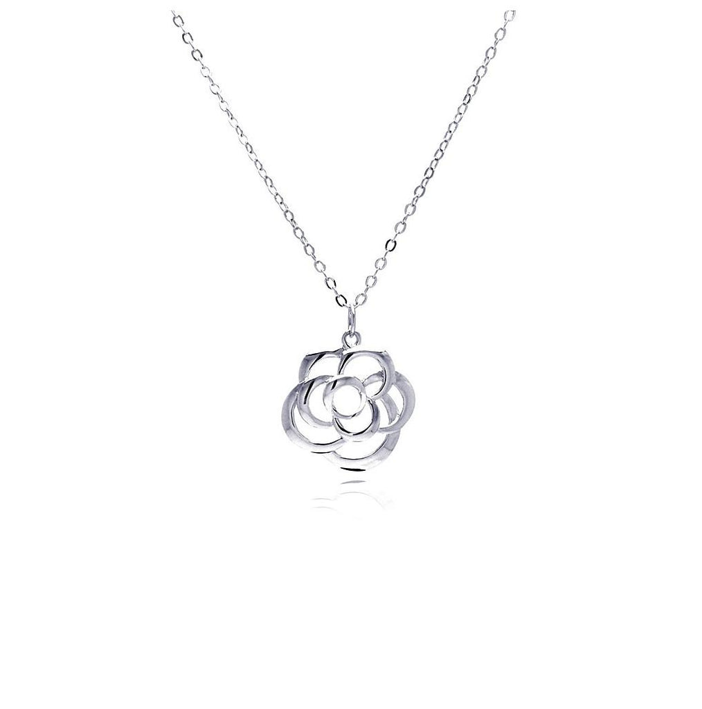 Rhodium Plated Brass Flower Outline Pendant Necklace