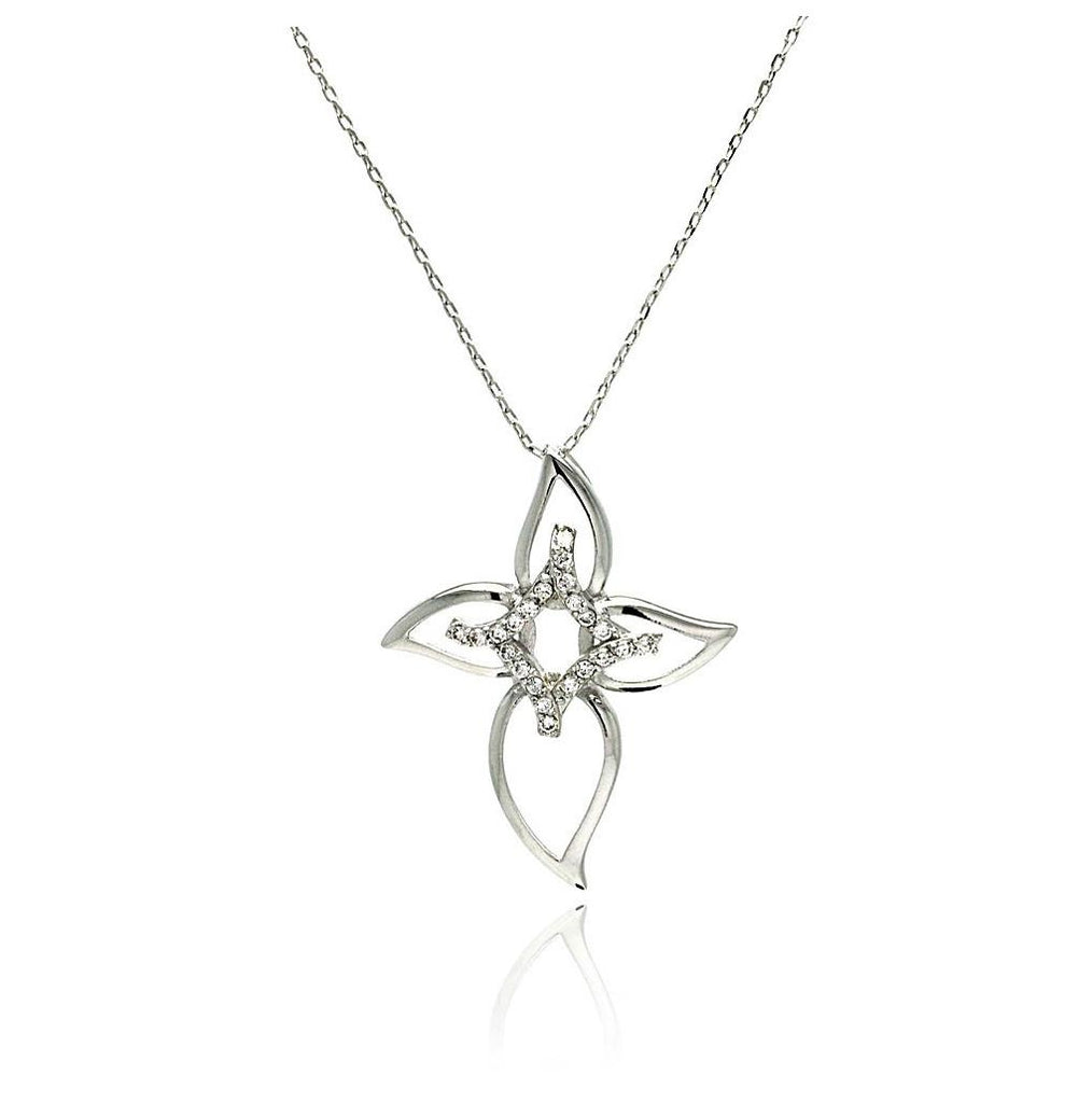 Rhodium Plated Brass Open Cross Flower Clear Cz Pendant Necklace