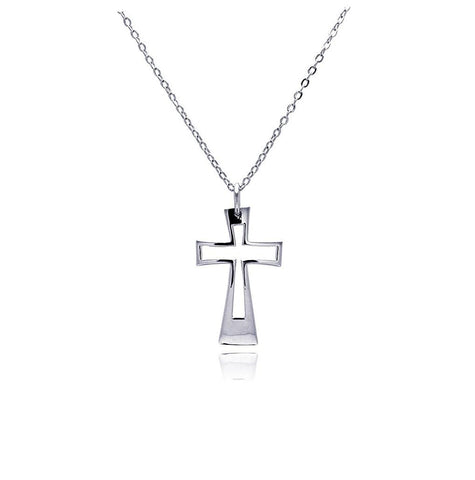 Rhodium Plated Brass High Polish Open Cross Cz Pendant Necklace