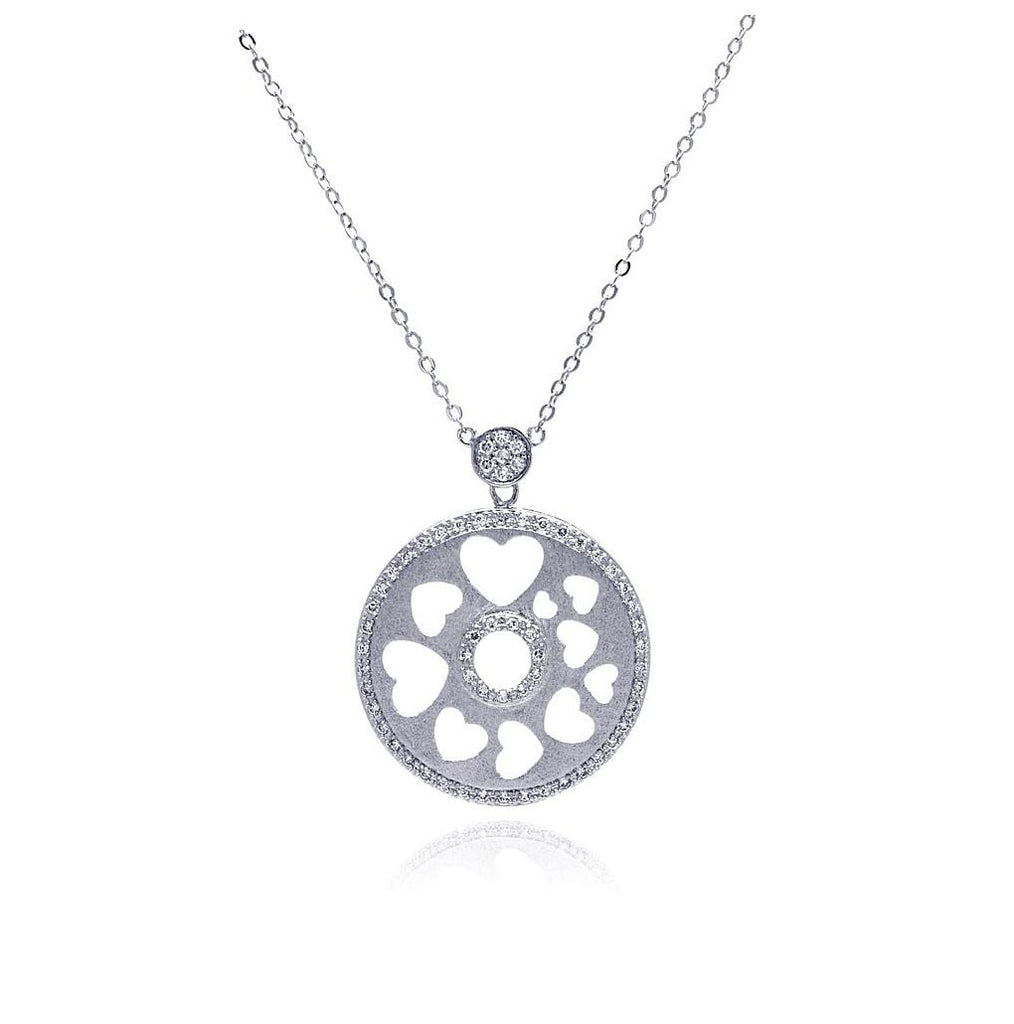 Rhodium Plated Brass Open Heart Disc Clear Cz Pendant Necklace