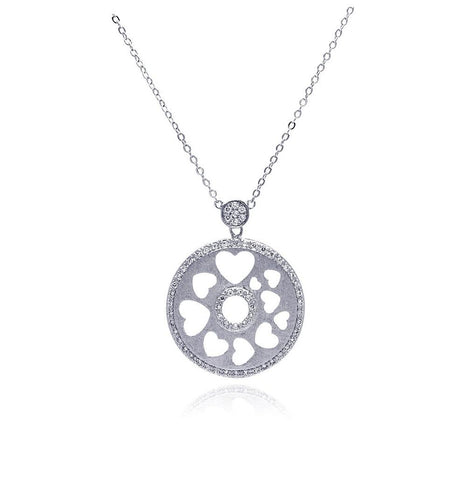 Rhodium Plated Brass Open Heart Disc Clear Cz Pendant Necklace