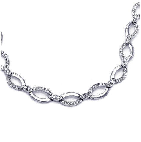 Rhodium Plated Brass Clear Cz Wave Link Necklace