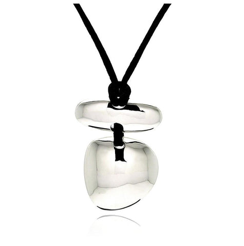 Rhodium Plated Brass Flat Disc Black Cord Pendant Necklace