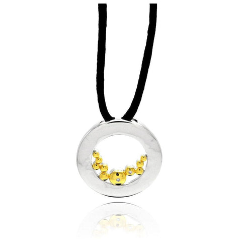 Rhodium & Gold Plated Brass Open Circle Clear Cz Black Cord Pendant Necklace