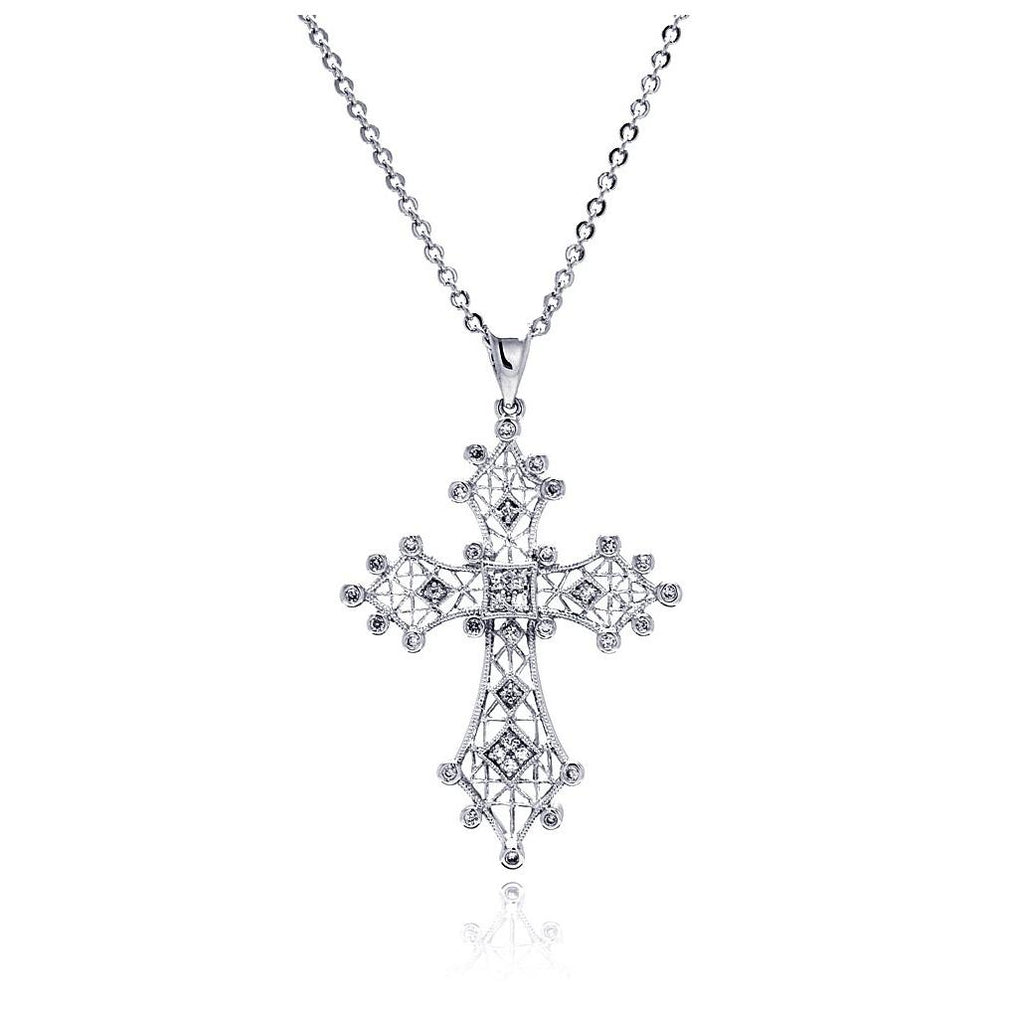 Rhodium Plated Brass Filigree Cross Outline Clear Cz Pendant Necklace