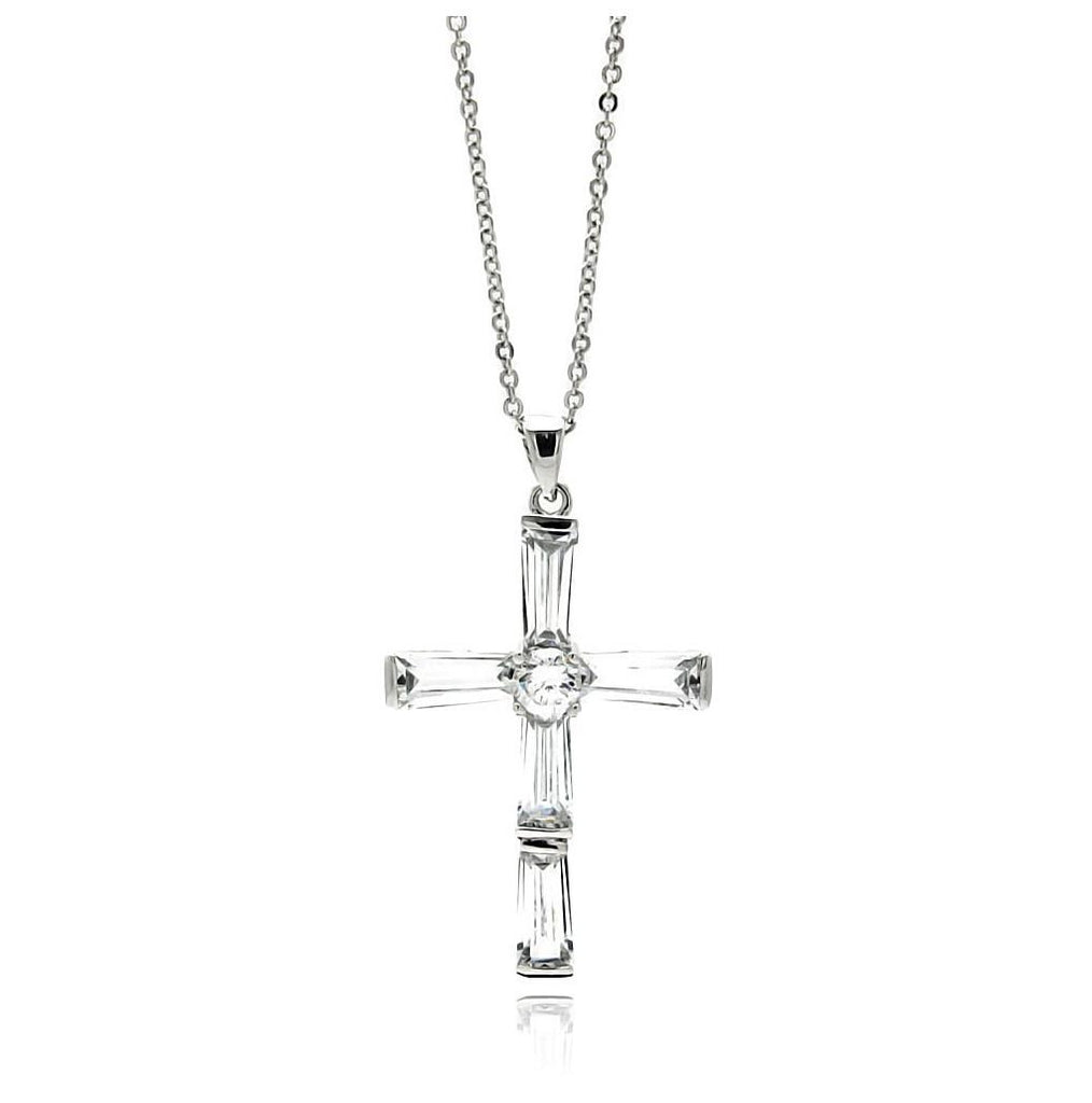 Rhodium Plated Brass Cross Clear Baguette Cz Pendant Necklace