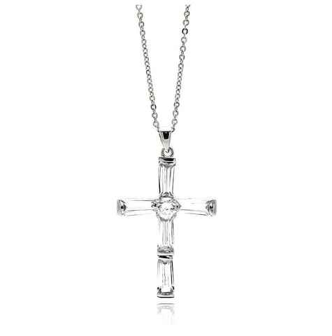 Rhodium Plated Brass Cross Clear Baguette Cz Pendant Necklace