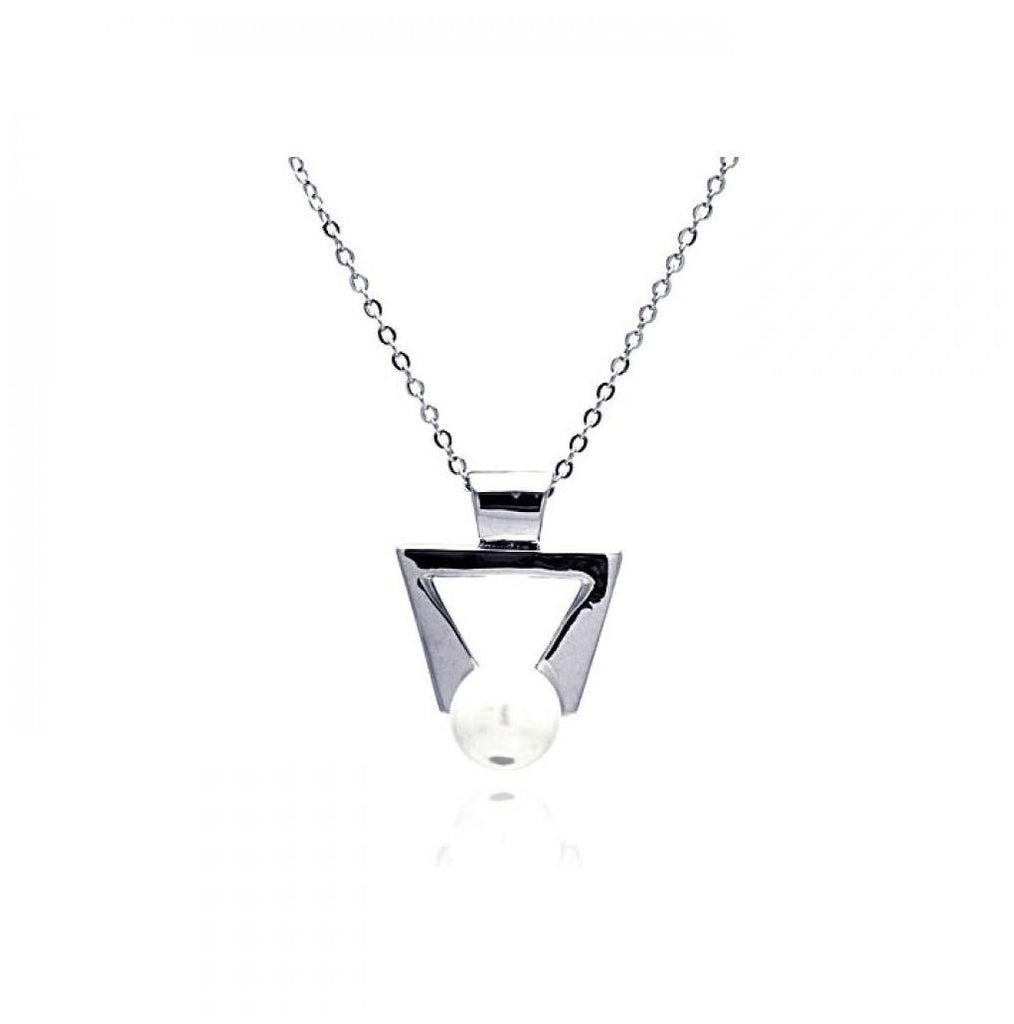 Rhodium Plated Brass Triangular Pearl Pendant Necklace