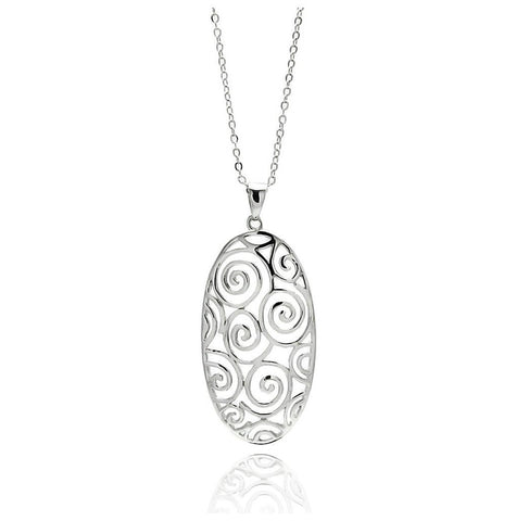 Rhodium Plated Brass Oval Swirl Outline Pendant Necklace