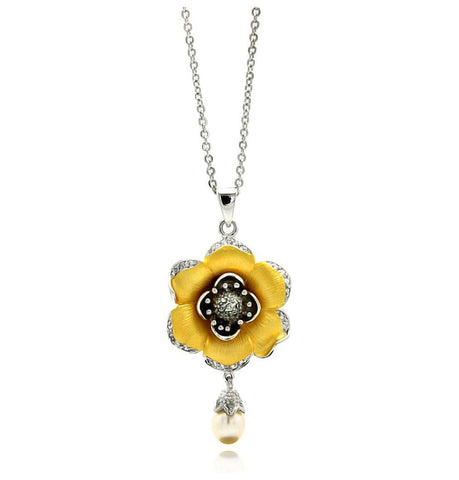 Rhodiumblack Rhodium& Gold Plated Brass Pearl Drop Flower Clear Cz Pendant Necklace