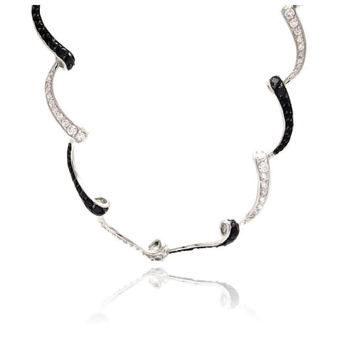 Rhodium & Black Rhodium Plated Brass Wave Black & Clear Cz Necklace