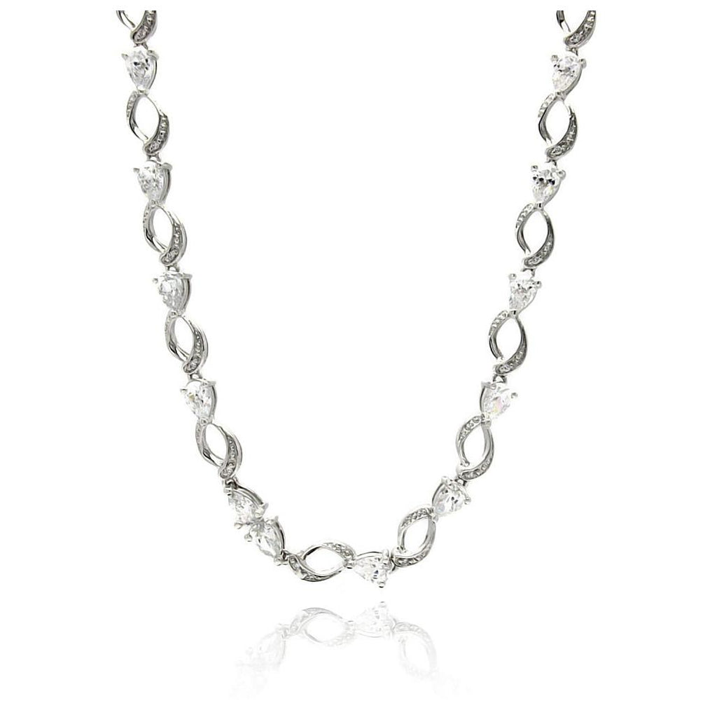 Rhodium Plated Brass Open Oval Clear Cz Link Necklace