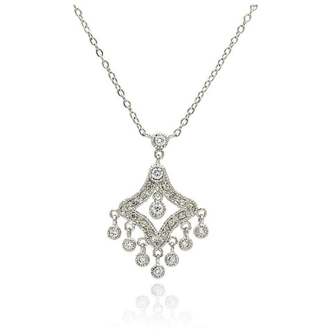 Rhodium Plated Brass 4 Point Chandelier Clear Cz Pendant Necklace