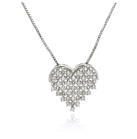 Rhodium Plated Brass Flexible Heart Clear Cz Pendant Necklace