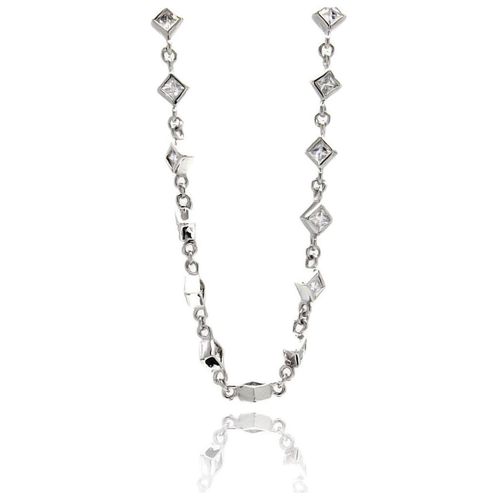 Rhodium Plated Brass Princess Cut Clear Cz Link Necklace