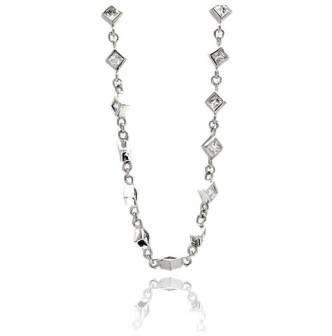 Rhodium Plated Brass Princess Cut Clear Cz Link Necklace