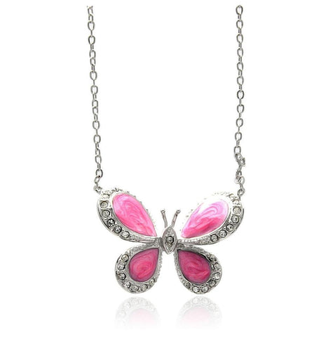 Rhodium Plated Brass Butterfly Pink Enamel Clear Cz Pendant Necklace