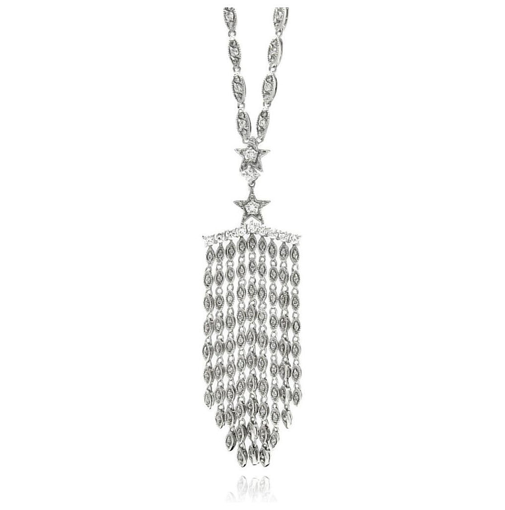 Rhodium Plated Brass Strand Chandelier Clear Cz Pendant Necklace