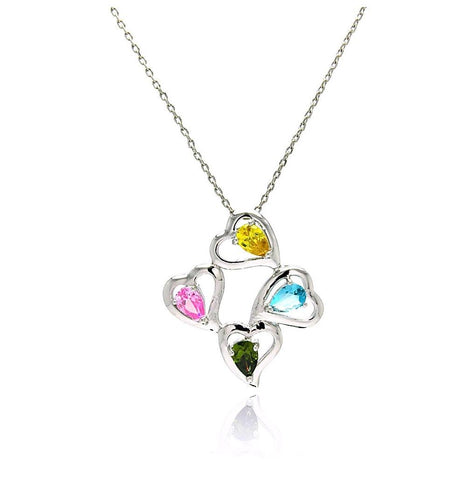 Rhodium Plated Brass Open Heart Multi Colored Cz Pendant Necklace