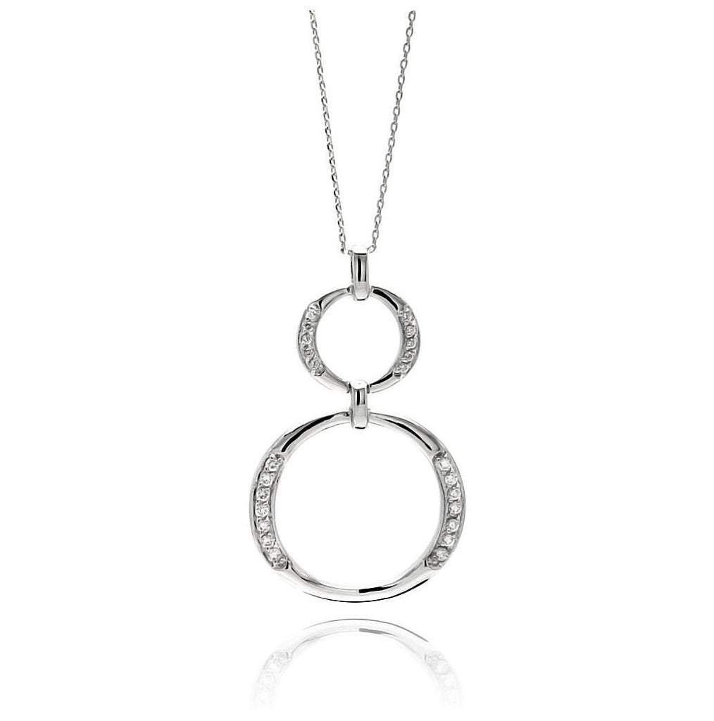 Rhodium Plated Brass Double Open Circle Clear Cz Pendant Necklace