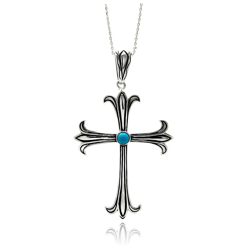 Rhodium Plated Brass Cross Turquoise Center Pendant Necklace