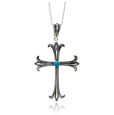 Rhodium Plated Brass Cross Turquoise Center Pendant Necklace