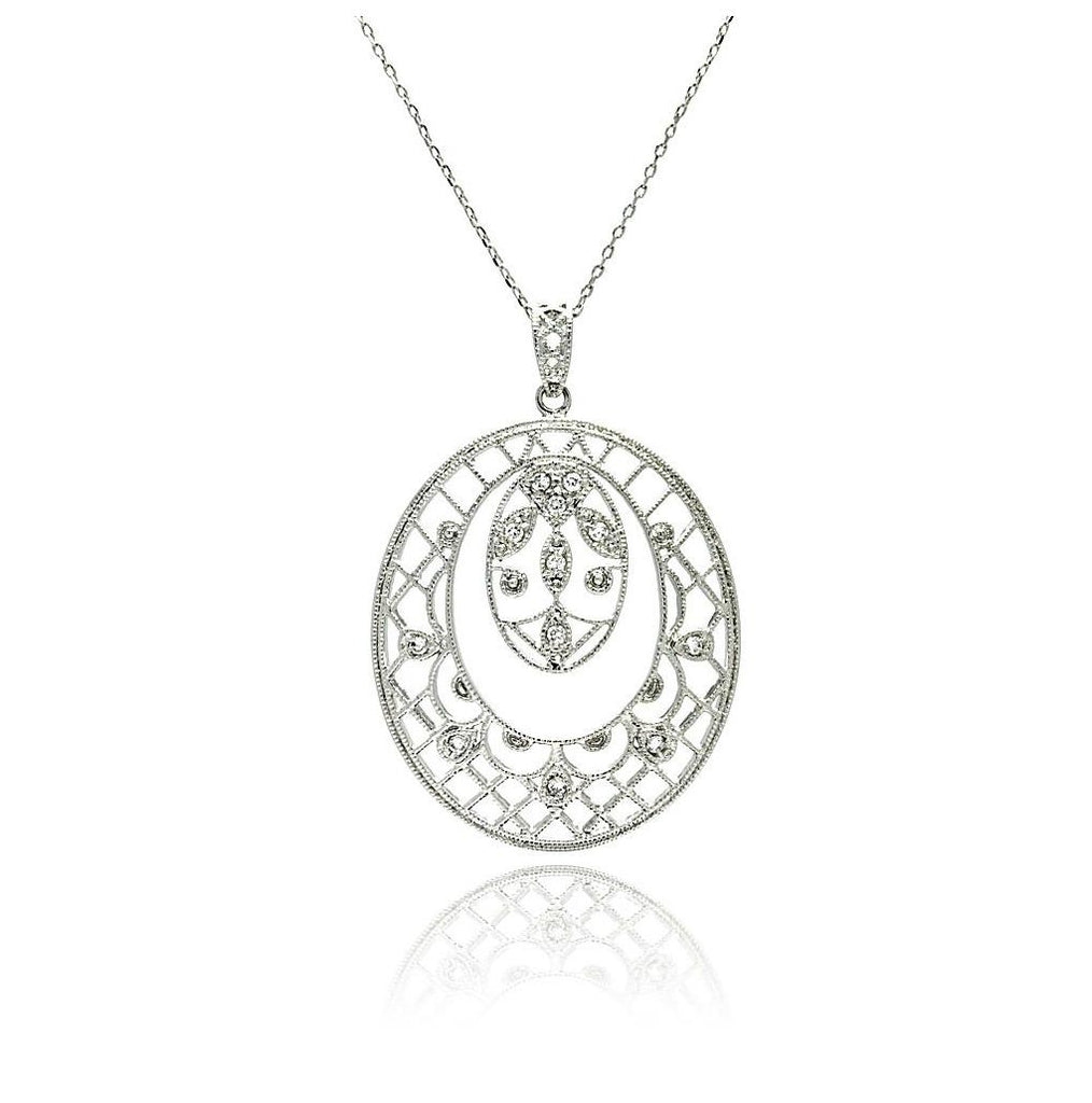 Rhodium Plated Brass Open Oval Filigree Outline Clear Cz Pendant Necklace