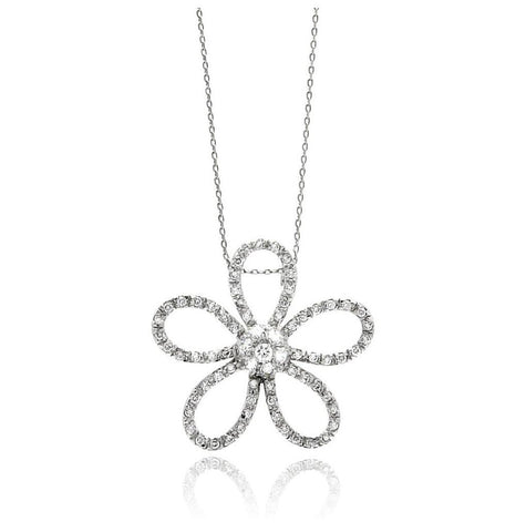 Rhodium Plated Brass Open Flower Clear Cz Pendant Necklace