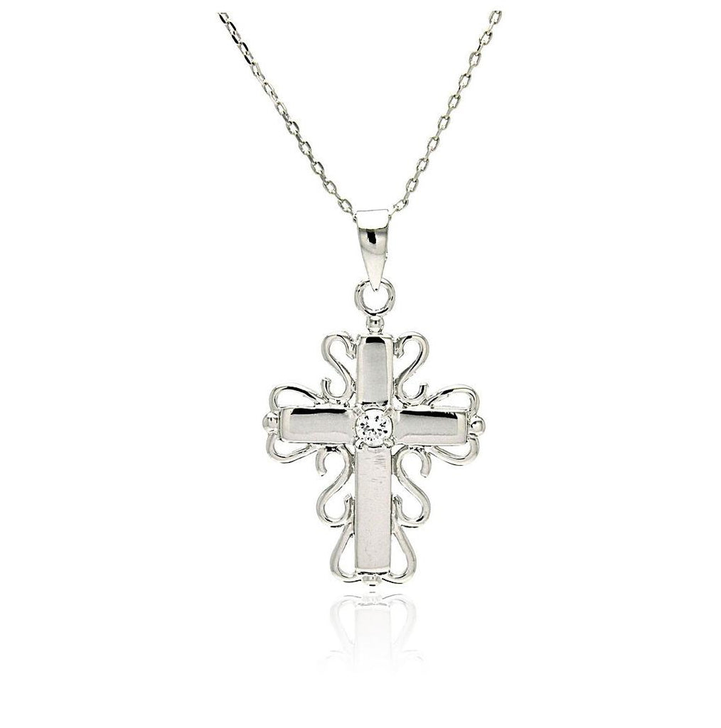 Rhodium Plated Brass High Polish Cross Clear Cz Pendant Necklace