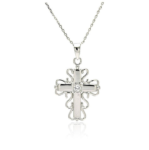 Rhodium Plated Brass High Polish Cross Clear Cz Pendant Necklace