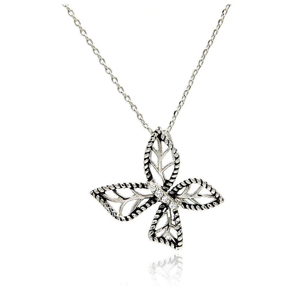 Rhodium Plated Brass Open Butterfly Clear Cz Pendant Necklace