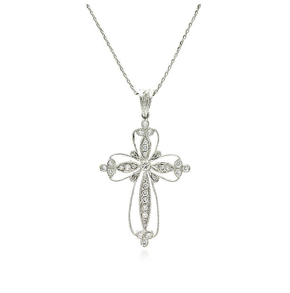 Rhodium Plated Brass Cross Outline Clear Cz Pendant Necklace