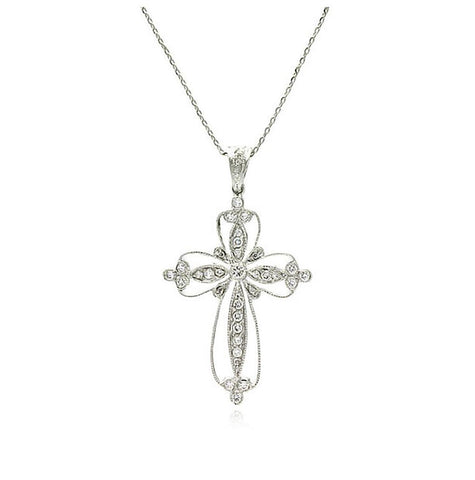 Rhodium Plated Brass Cross Outline Clear Cz Pendant Necklace