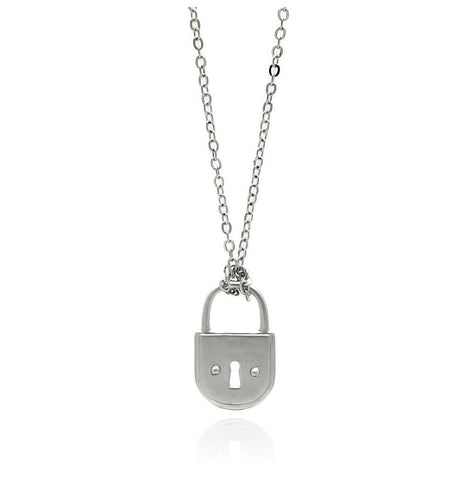 Rhodium Plated Brass Round Matte Finish Pad Lock Pendant Necklace