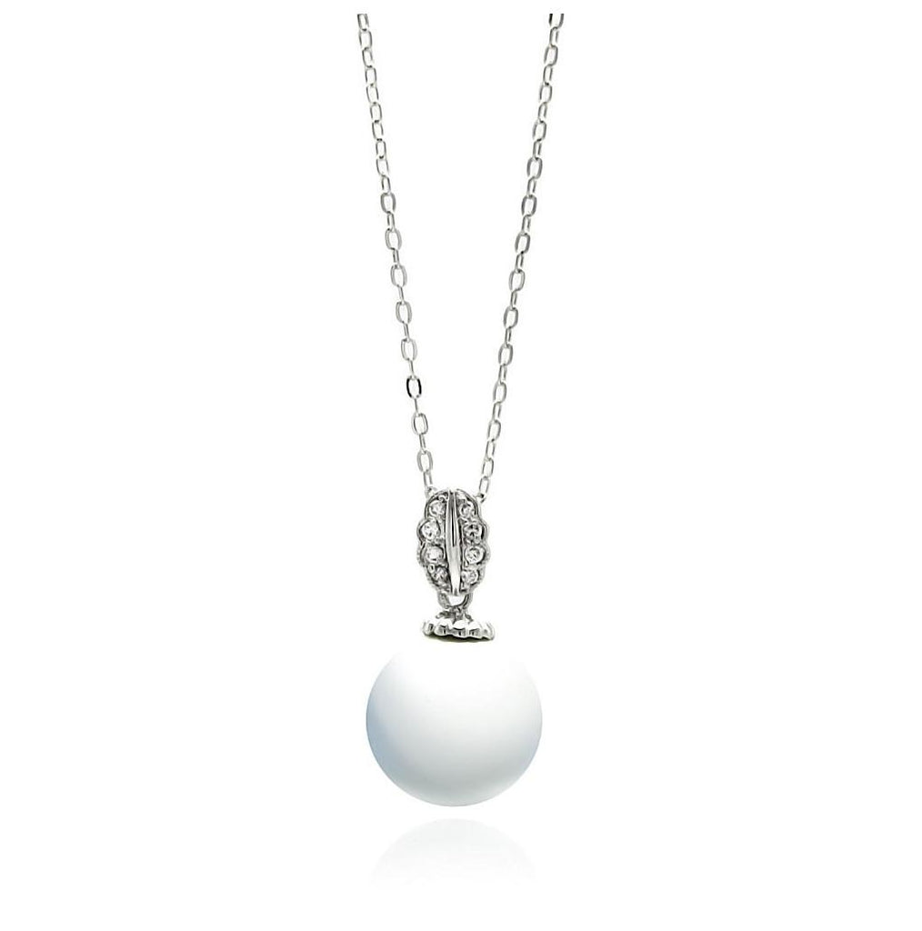 Rhodium Plated Brass Hanging Pearl Clear Leaf Cz Pendant Necklace