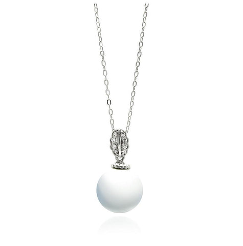 Rhodium Plated Brass Hanging Pearl Clear Leaf Cz Pendant Necklace