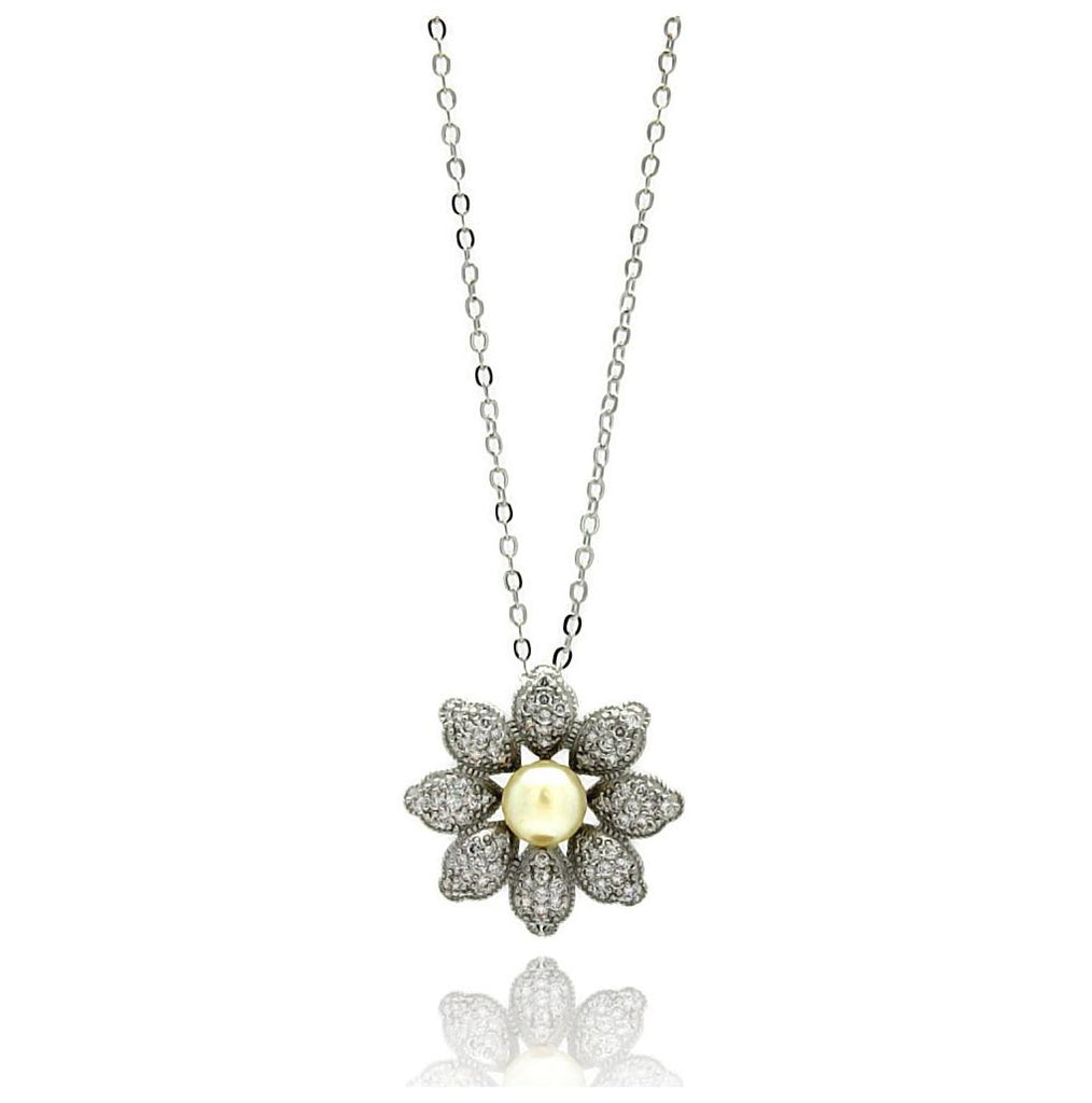 Rhodium Plated Brass Flower Pearl Center Clear Cz Pendant Necklace