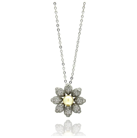 Rhodium Plated Brass Flower Pearl Center Clear Cz Pendant Necklace