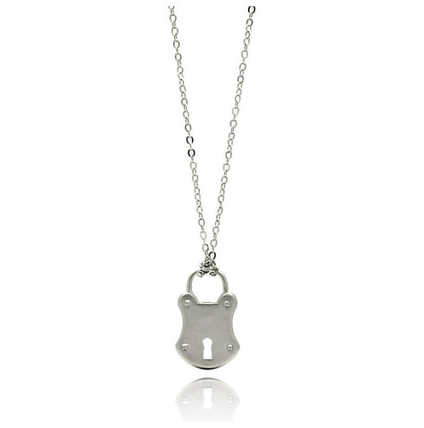 Rhodium Plated Brass Matte Finish Lock Pendant Necklace