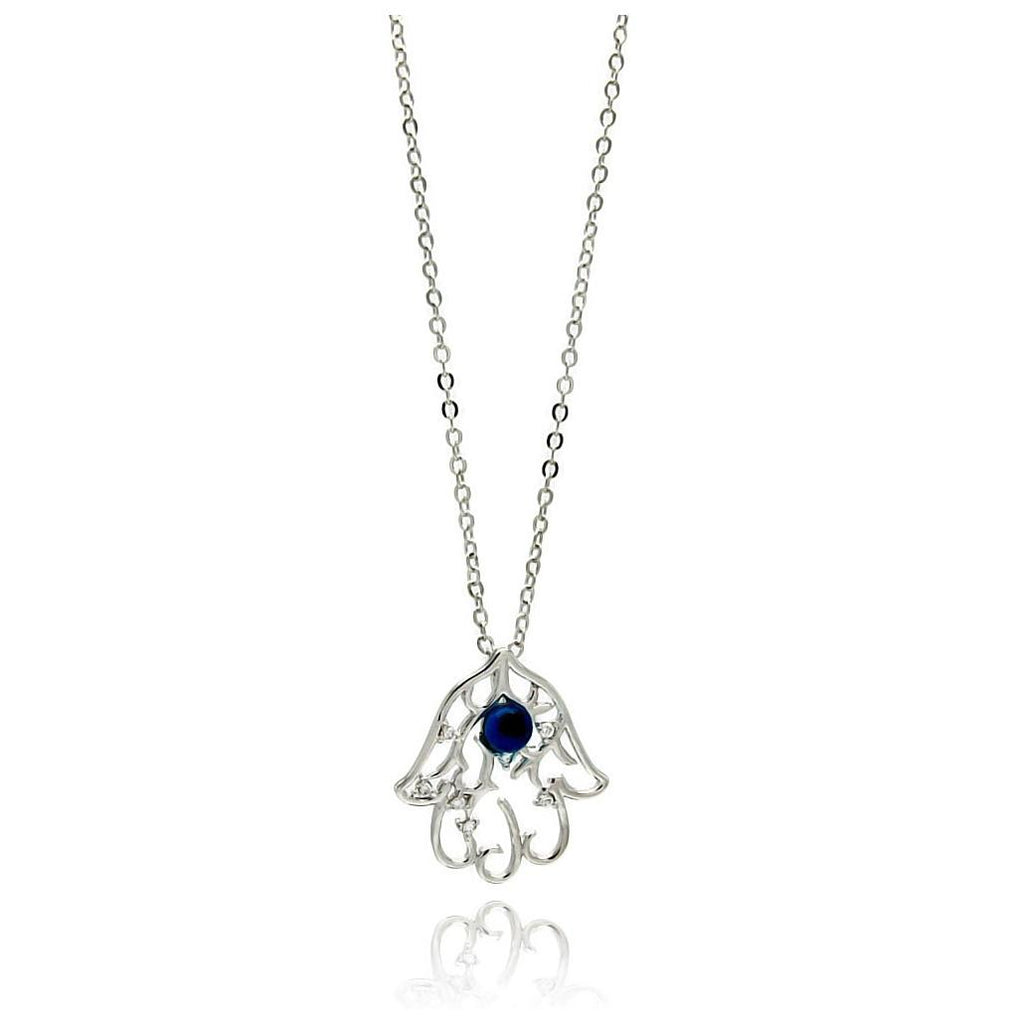 Rhodium Plated Brass Hamsa Hand Blue Cz Pendant Necklace